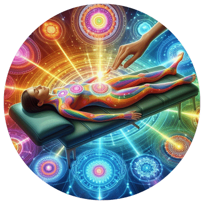 Une femme se détend sur une table de massage pendant qu’une bioénergéticienne lui fait un soin énergétique à distance avec des cristaux.